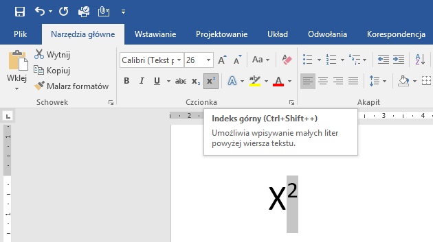 Word - indeks górny (potęga)